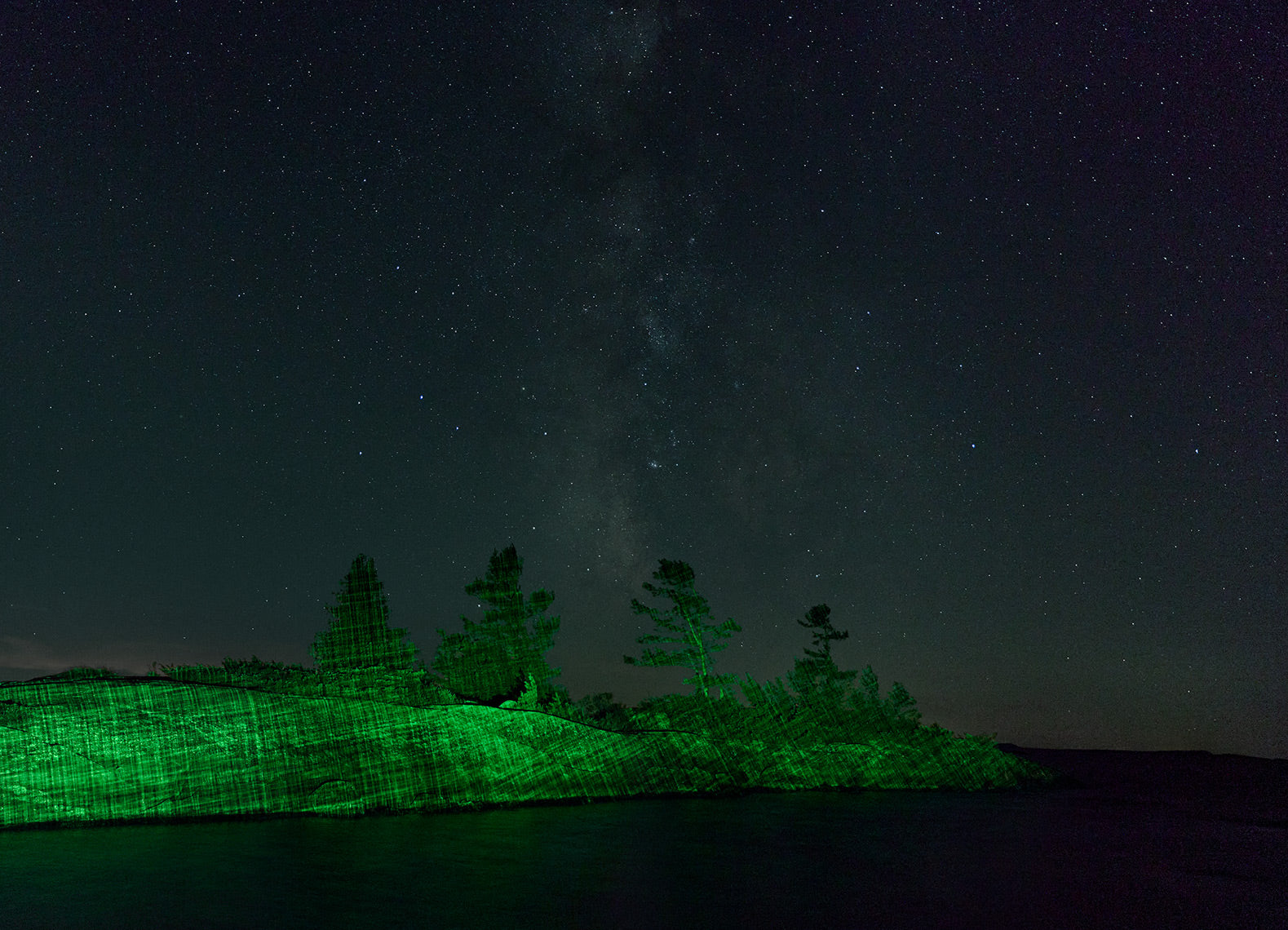 Silhouette of trees on a rocky island under a starry night sky with the Milky Way.