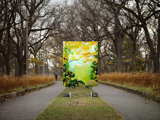 Bright landscape painting in autumn park path installation.