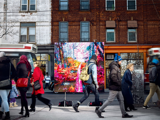 Painting in urban sidewalk scene with passing pedestrians.