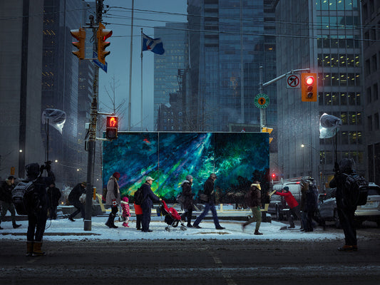 Toronto winter scene with large scale Driscoll painting